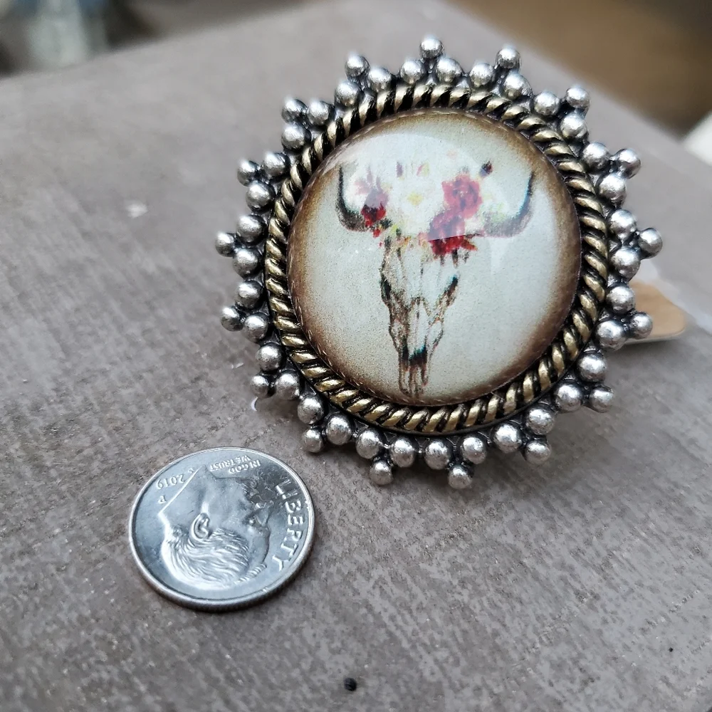 south western Cow Skull Steerhead Bubble Dome boho rustic Statement Ring  nwt